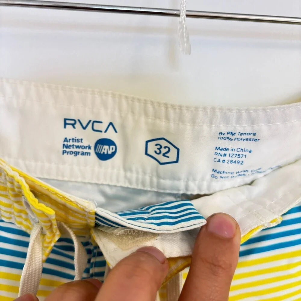 RVCA Performance Stretch Board Shorts Men's Size 32 Yellow Blue Striped Swim Tru